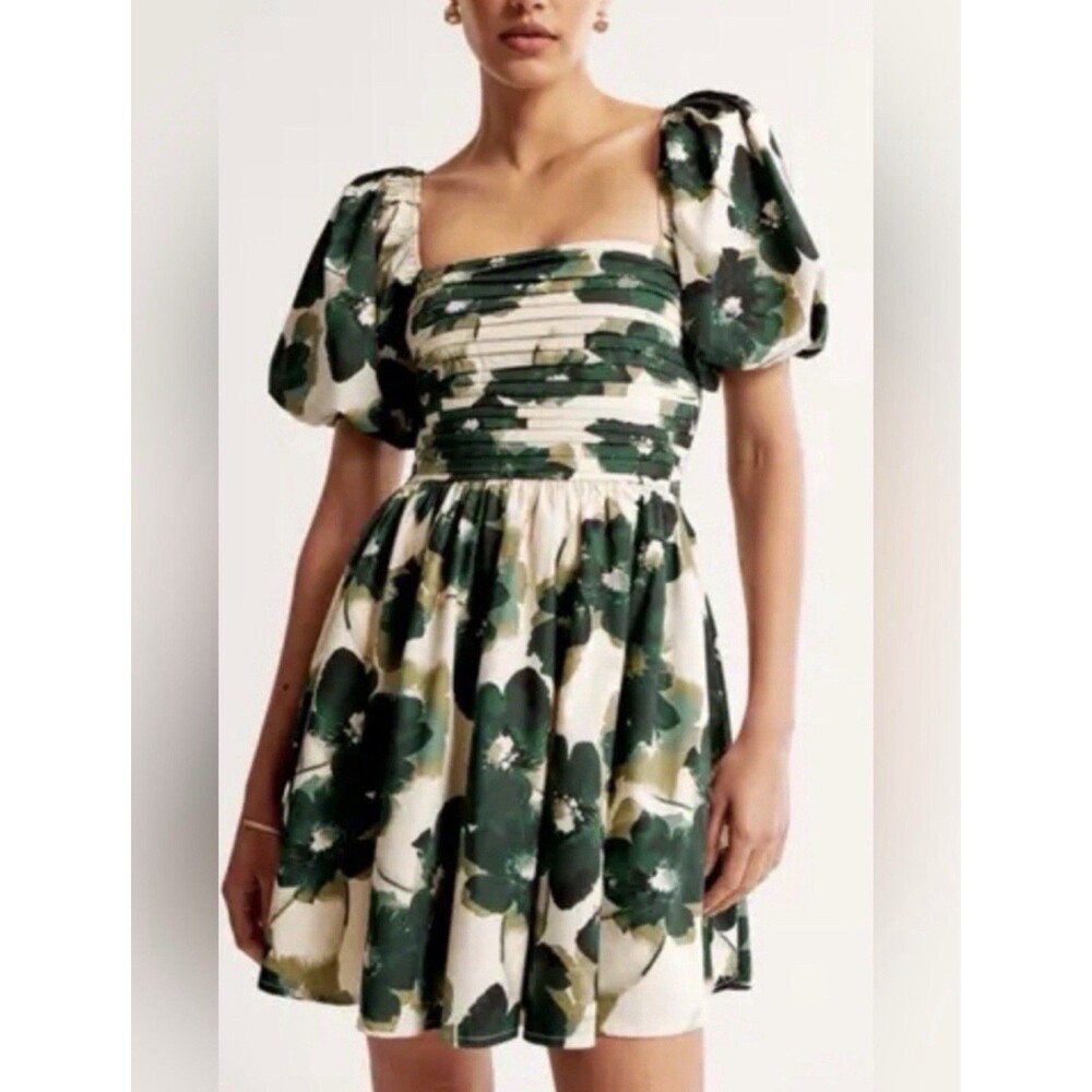 ABERCROMBIE & FITCH Women Mini Dress XS Floral Emerson Poplin Puff Sleeve Smocke